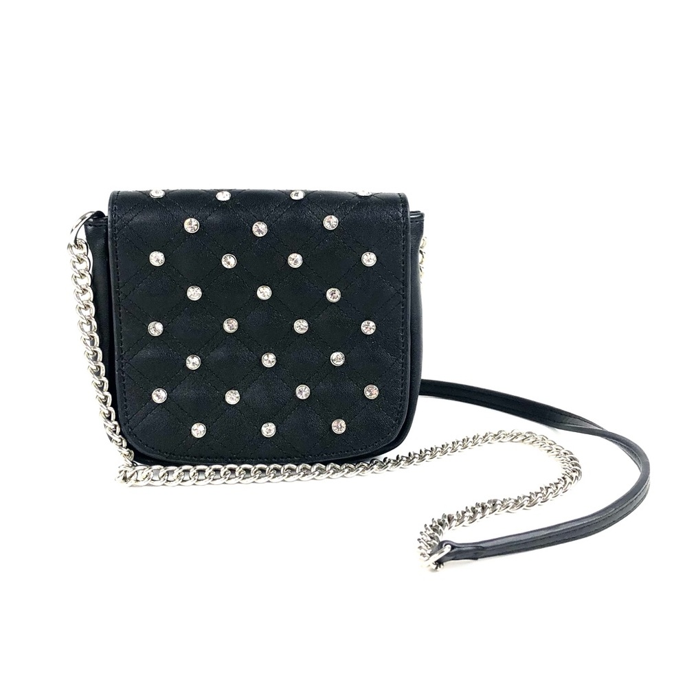 Nordstrom Black Leather Swarovski Chain Lined Small Crossbody Bag